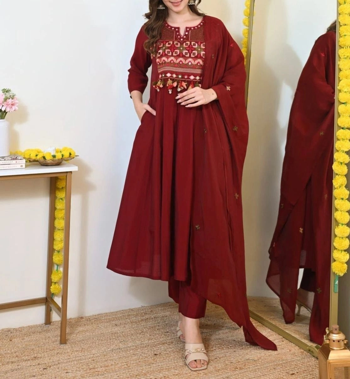 Tryloom Midnight Heritage Cotton Anarkali Suit Set | Premium Embroidered Kurta Pant with Mul Cotton Dupatta 1