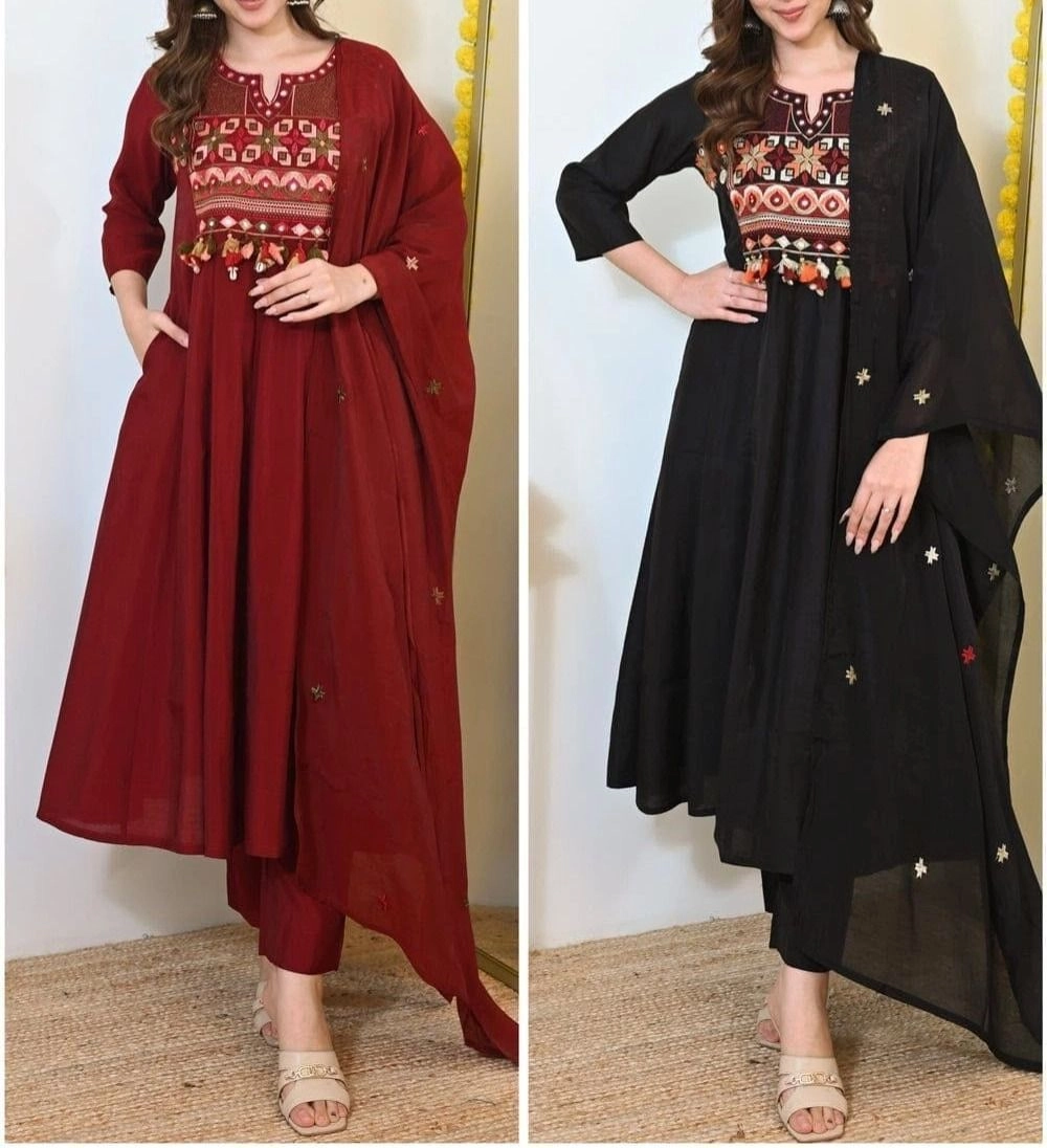 Tryloom Midnight Heritage Cotton Anarkali Suit Set | Premium Embroidered Kurta Pant with Mul Cotton Dupatta 4