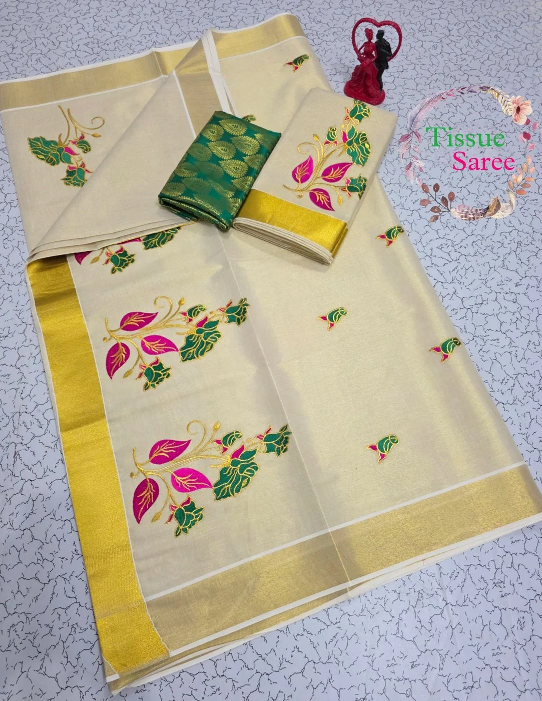 Tryloom Mayura Heritage Kasavu Tissue Embroidery Saree | Premium Kerala Cotton Tissue Onam Saree with Jacquard Blouse
