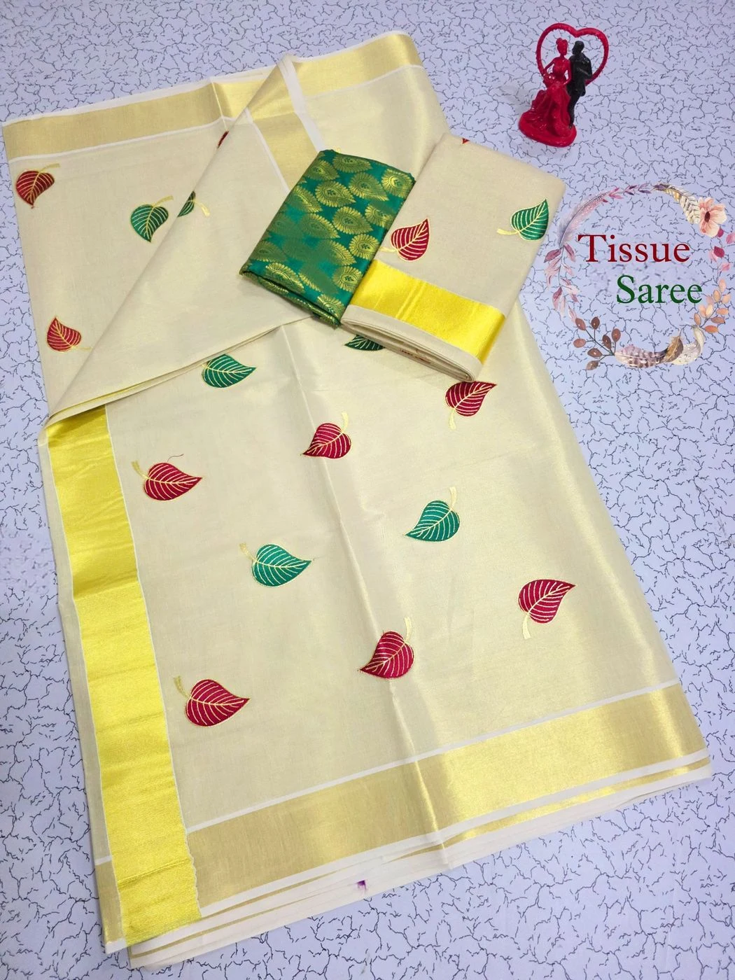 Tryloom Mayuri Heritage Kasavu Tissue Embroidery Saree | Premium Kerala Onam Cotton Tissue Saree with Jacquard Blouse 1