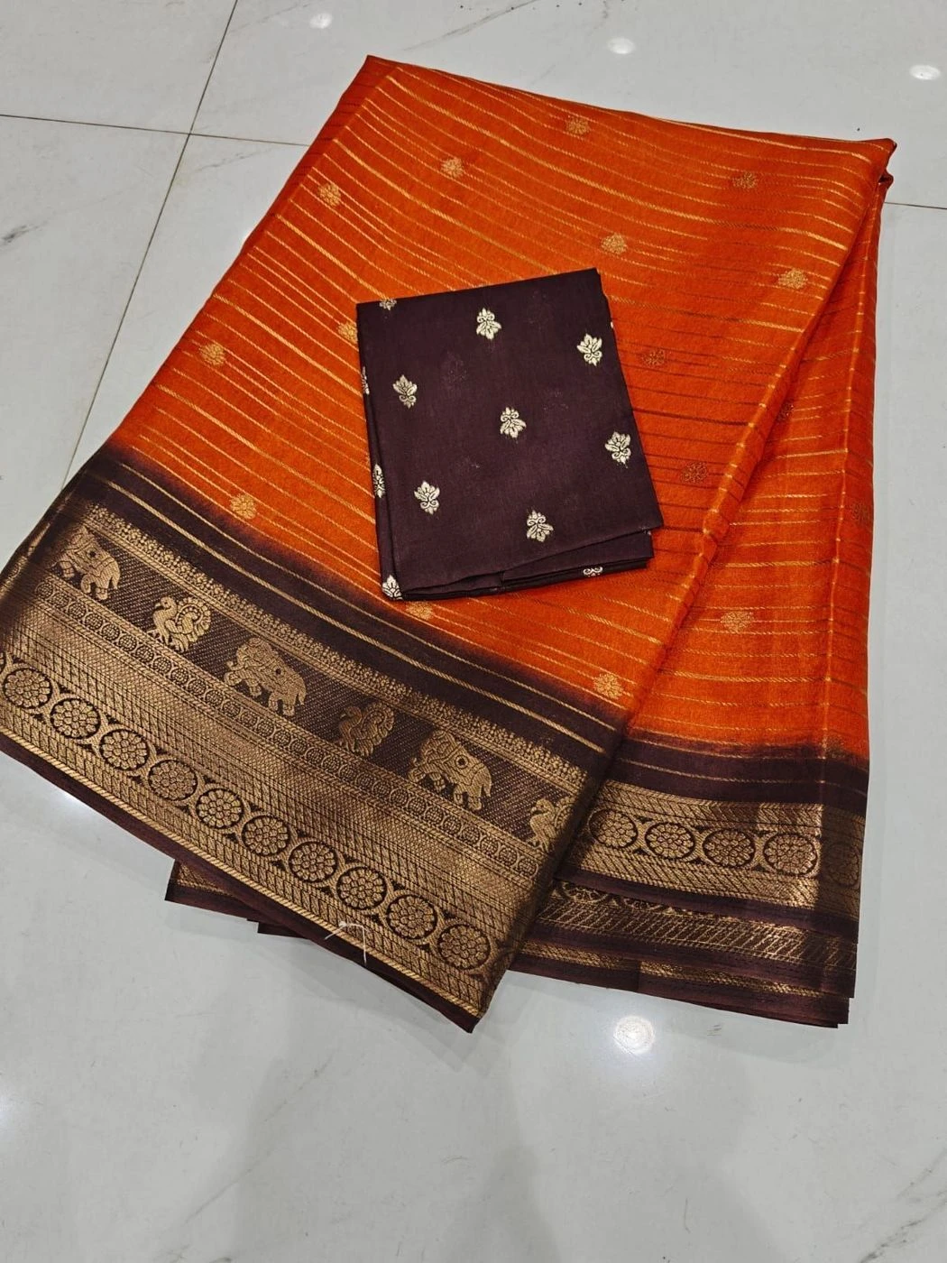Tryloom Srivalli Heritage Soft Mysore Silk Saree | Premium Orange & Coffee Brown Zari Border Party Wear Saree with Contrast Blouse 2