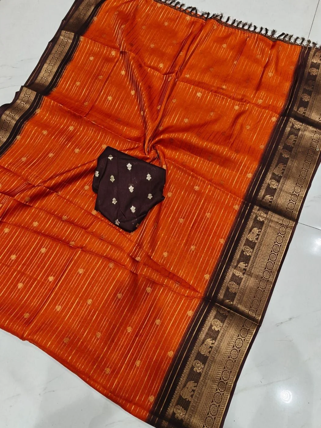 Tryloom Srivalli Heritage Soft Mysore Silk Saree | Premium Orange & Coffee Brown Zari Border Party Wear Saree with Contrast Blouse 3