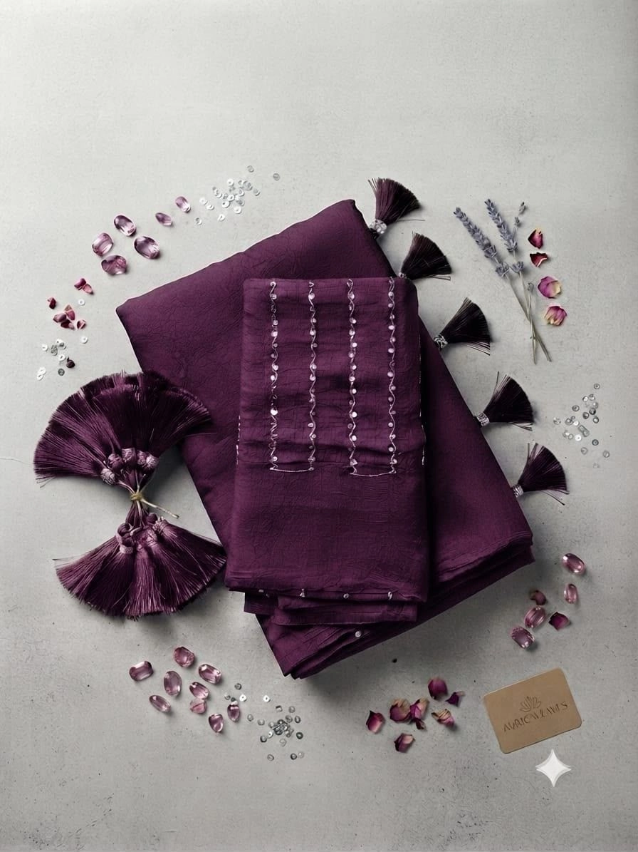 Tryloom Royal Plum Rangoli Crush Saree with Heavy Sequence Designer Blouse | Premium Party Wear Soft Crush Saree 2