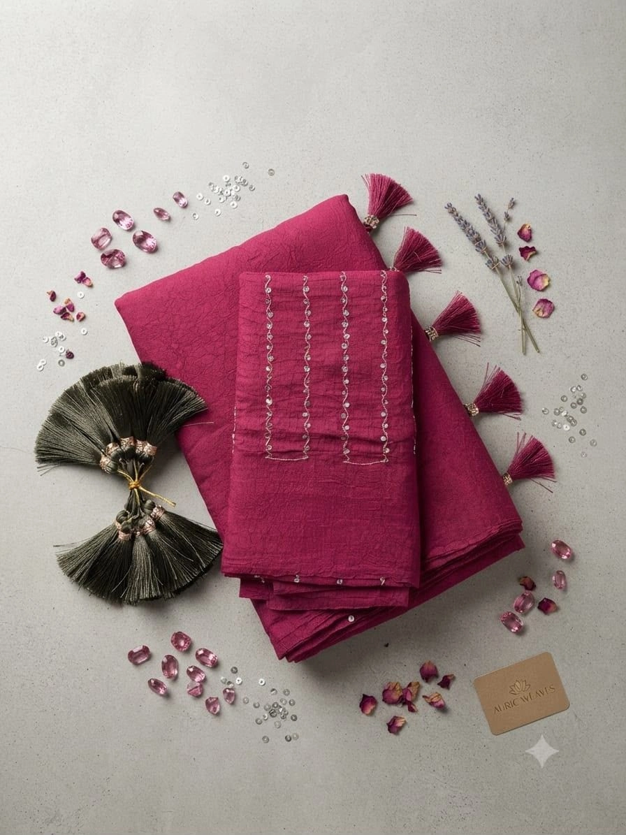 Tryloom Royal Plum Rangoli Crush Saree with Heavy Sequence Designer Blouse | Premium Party Wear Soft Crush Saree 2
