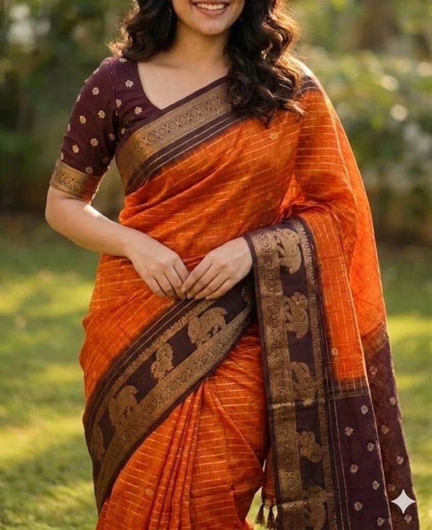 Tryloom Srivalli Heritage Soft Mysore Silk Saree | Premium Orange & Coffee Brown Zari Border Party Wear Saree with Contrast Blouse 1