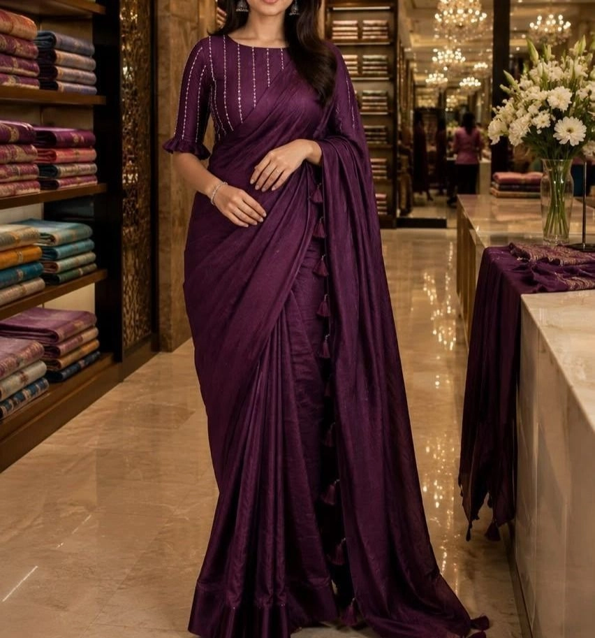 Tryloom Royal Plum Rangoli Crush Saree with Heavy Sequence Designer Blouse | Premium Party Wear Soft Crush Saree 1