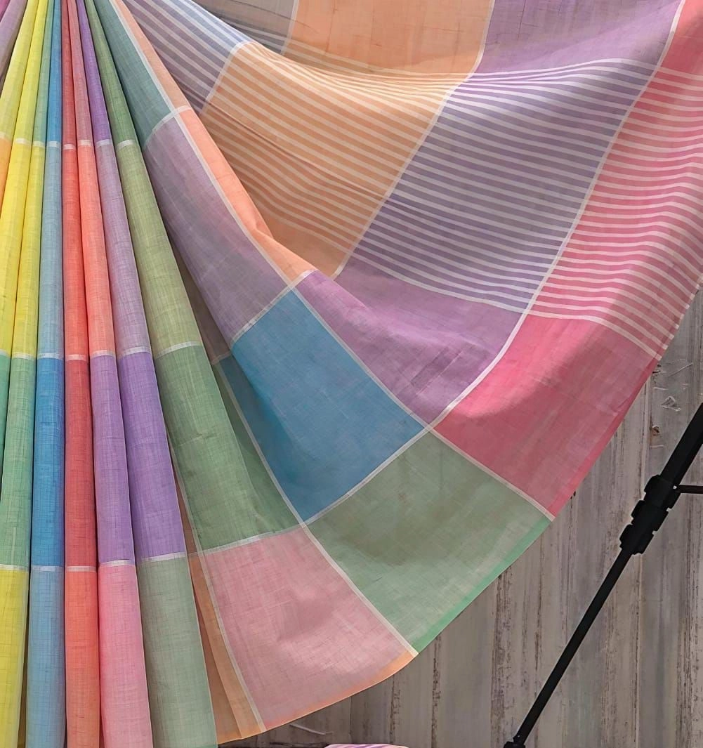 Tryloom Rainbow Bliss Linen Cotton Saree with Designer Checks | Soft Premium Casual & Festive Wear Saree 3