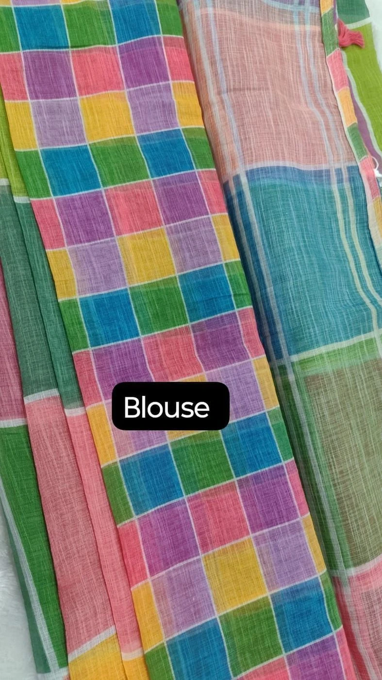 Tryloom Rainbow Bliss Linen Cotton Saree with Designer Checks | Soft Premium Casual & Festive Wear Saree 5