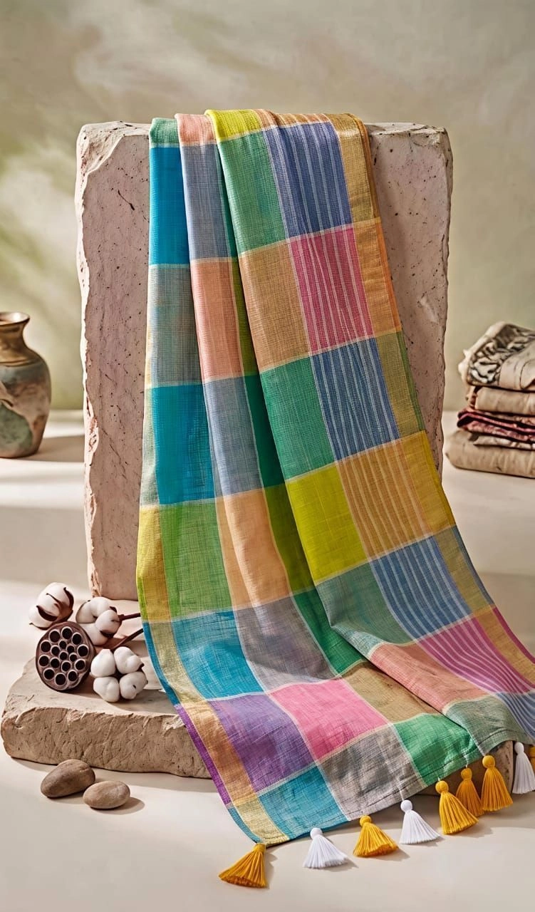 Tryloom Rainbow Bliss Linen Cotton Saree with Designer Checks | Soft Premium Casual & Festive Wear Saree 7