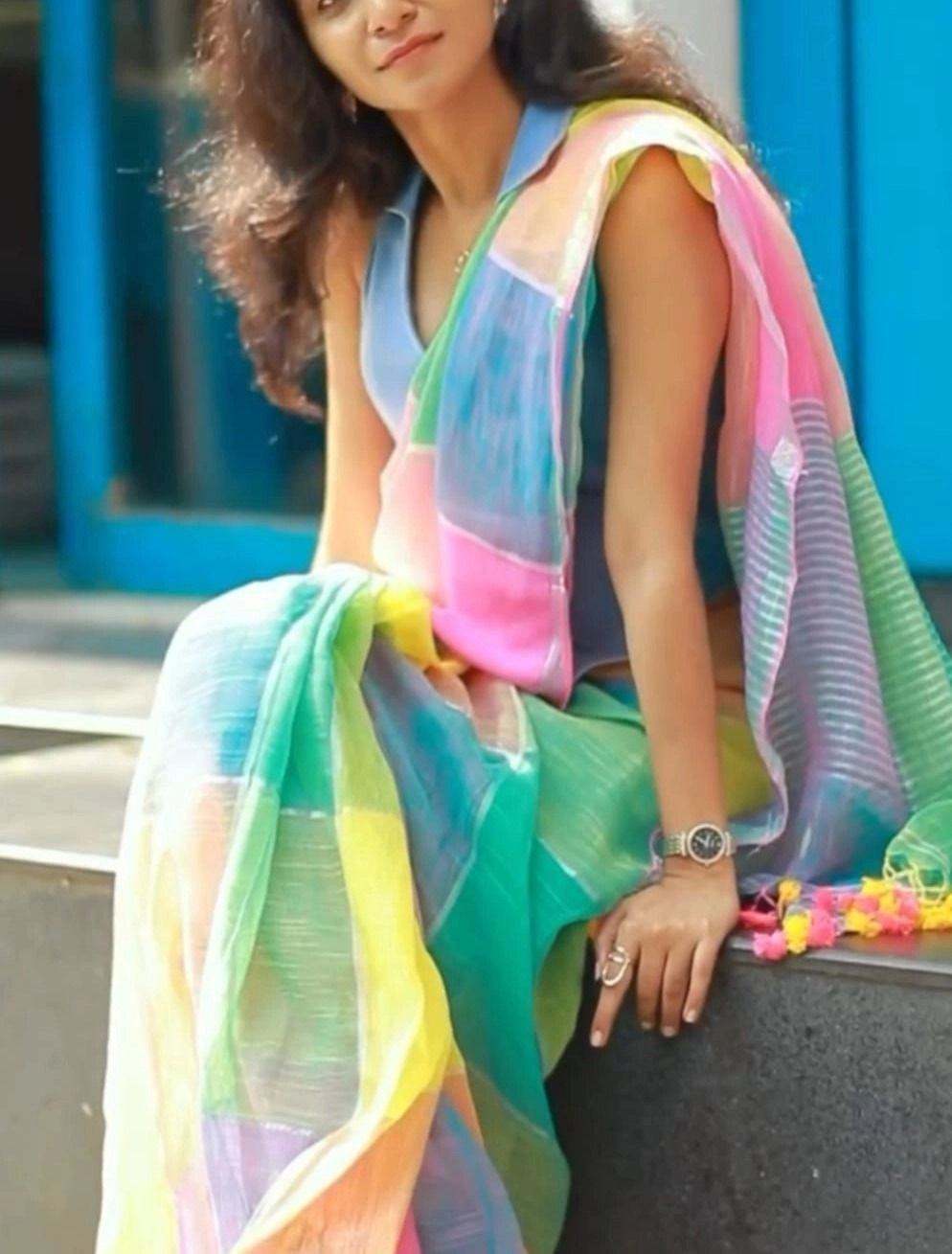 Tryloom Rainbow Bliss Linen Cotton Saree with Designer Checks | Soft Premium Casual & Festive Wear Saree 2