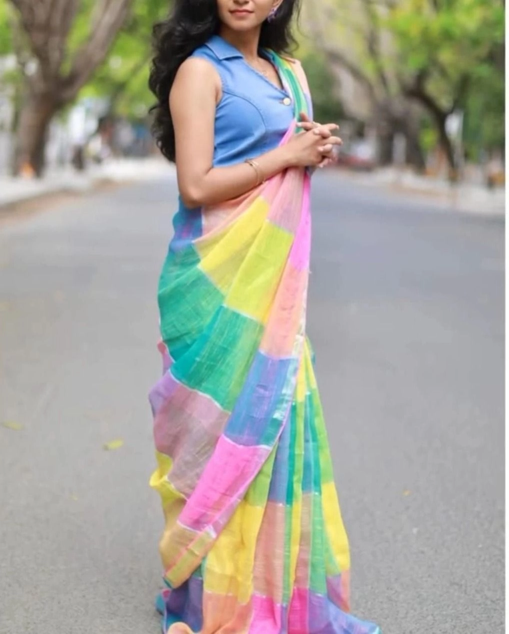 Tryloom Rainbow Bliss Linen Cotton Saree with Designer Checks | Soft Premium Casual & Festive Wear Saree 1