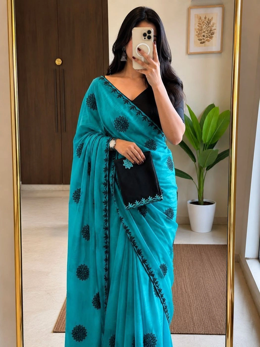Tryloom Celestial Bloom Star Georgette Embroidered Saree with Contrast Blouse | Premium Party Wear Designer Saree