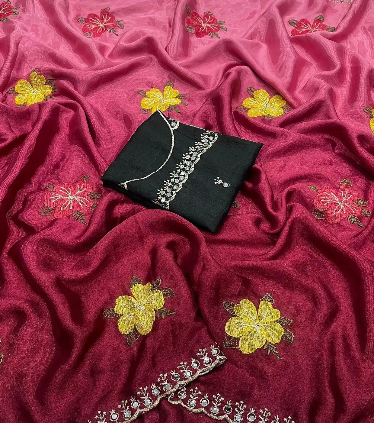 Tryloom Bloom Soft Chinon Dual Shade Silk Saree with Embroidery & Mirror Work | Premium Party Wear Designer Saree 2