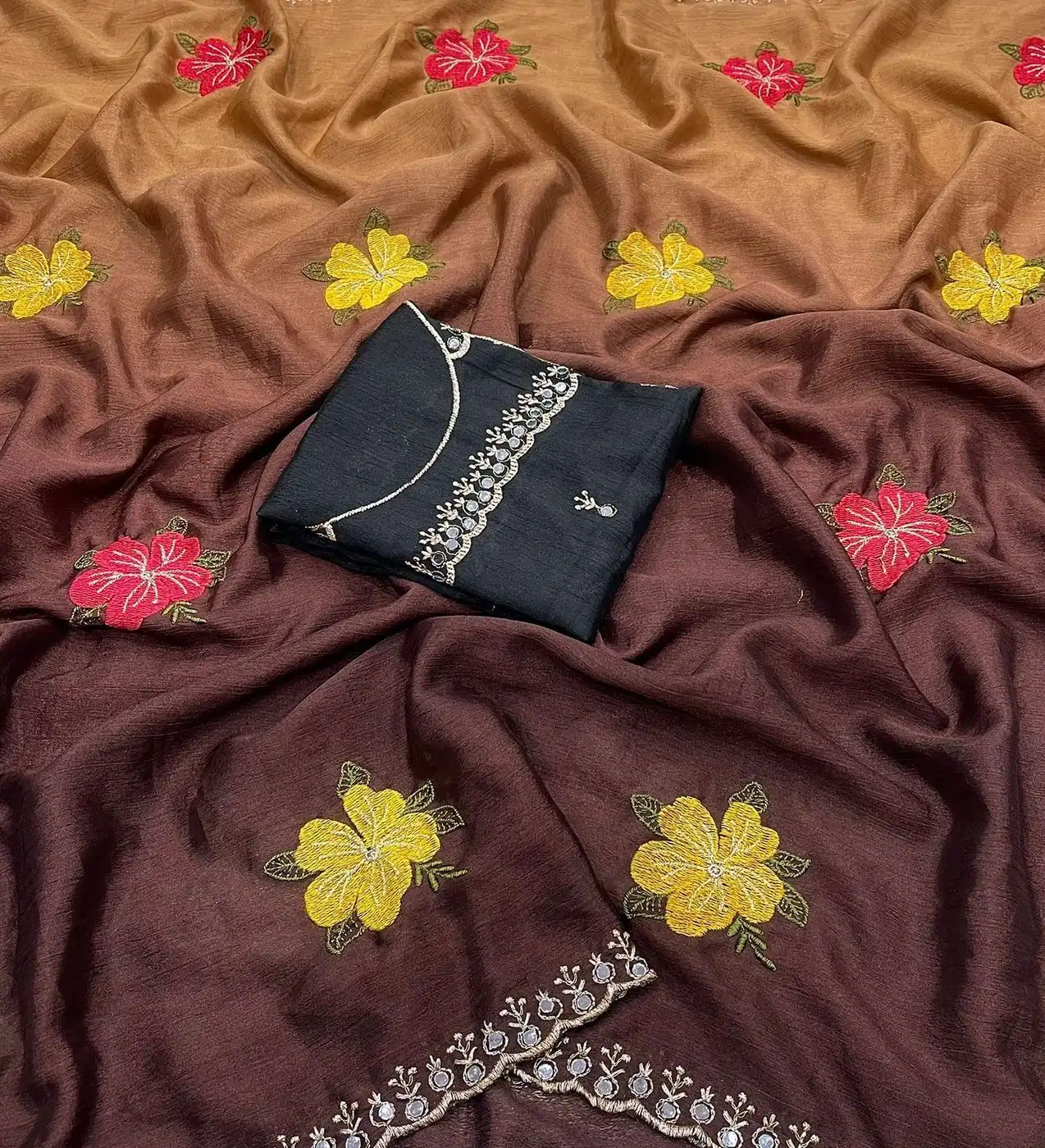 Tryloom Bloom Soft Chinon Dual Shade Silk Saree with Embroidery & Mirror Work | Premium Party Wear Designer Saree 2