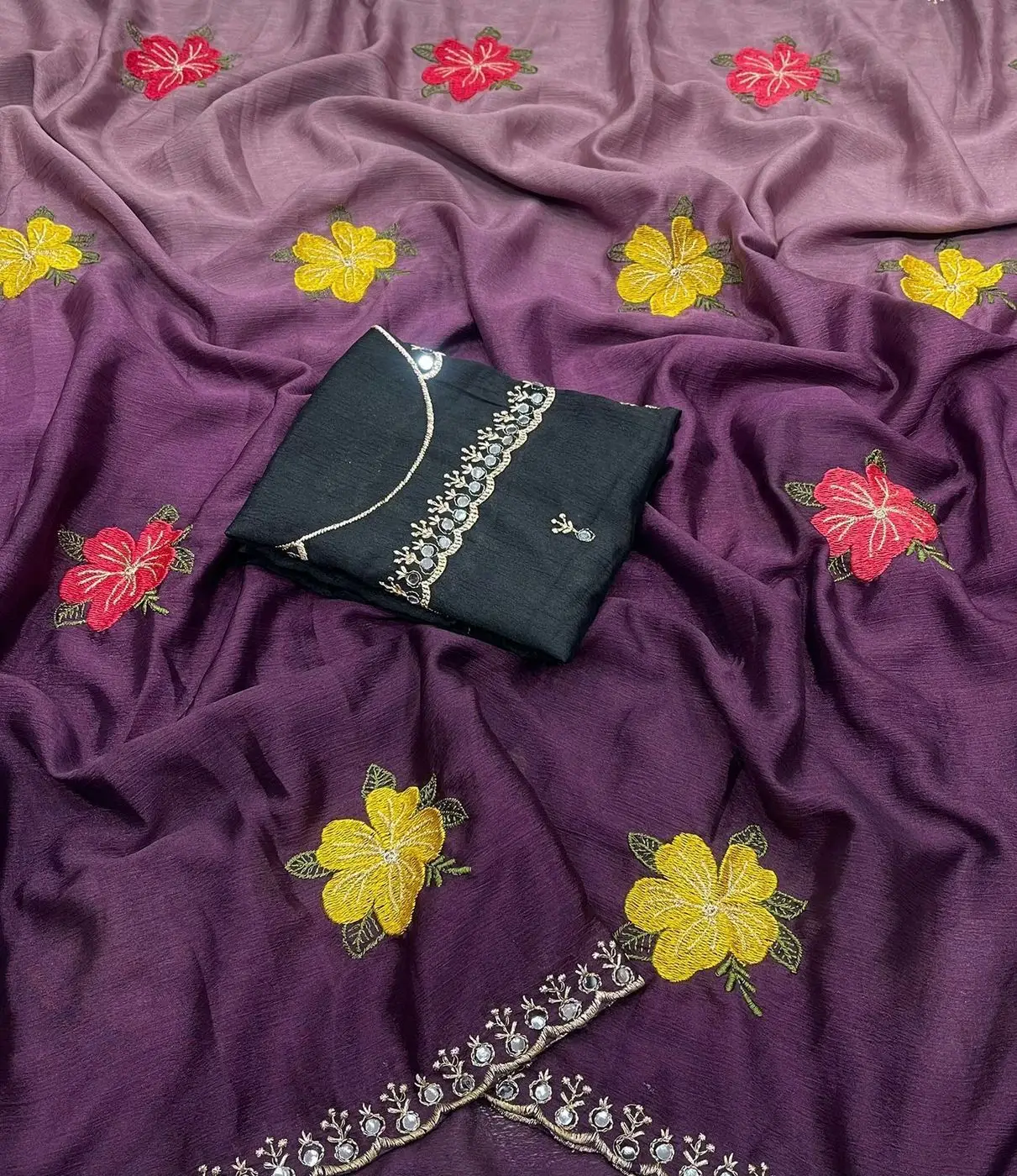 Tryloom Bloom Soft Chinon Dual Shade Silk Saree with Embroidery & Mirror Work | Premium Party Wear Designer Saree 2