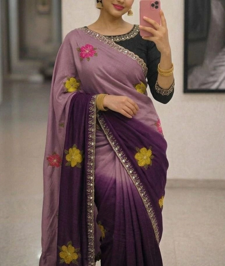 Tryloom Bloom Soft Chinon Dual Shade Silk Saree with Embroidery & Mirror Work | Premium Party Wear Designer Saree 1