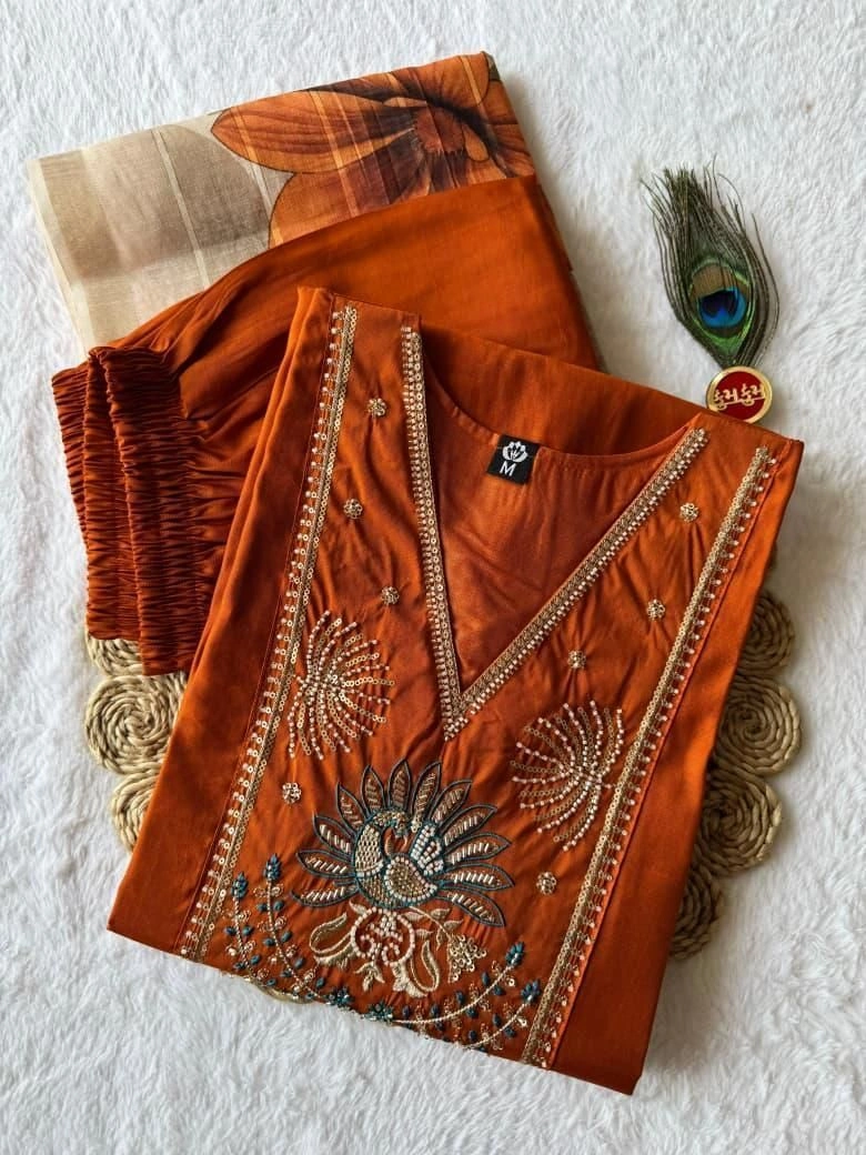Tryloom Roman Silk Kurti Pant Set with Designer Chanderi Linen Jacquard Dupatta | Premium Beads & Moti Embroidery Ethnic Wear 1