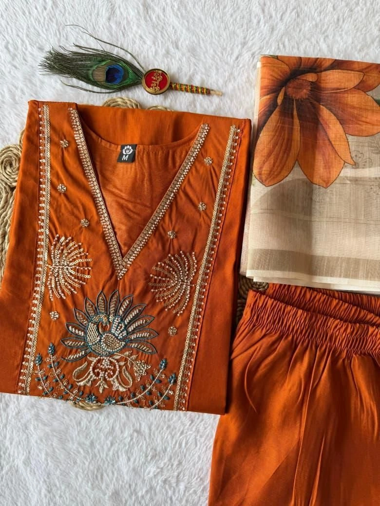 Tryloom Roman Silk Kurti Pant Set with Designer Chanderi Linen Jacquard Dupatta | Premium Beads & Moti Embroidery Ethnic Wear 2