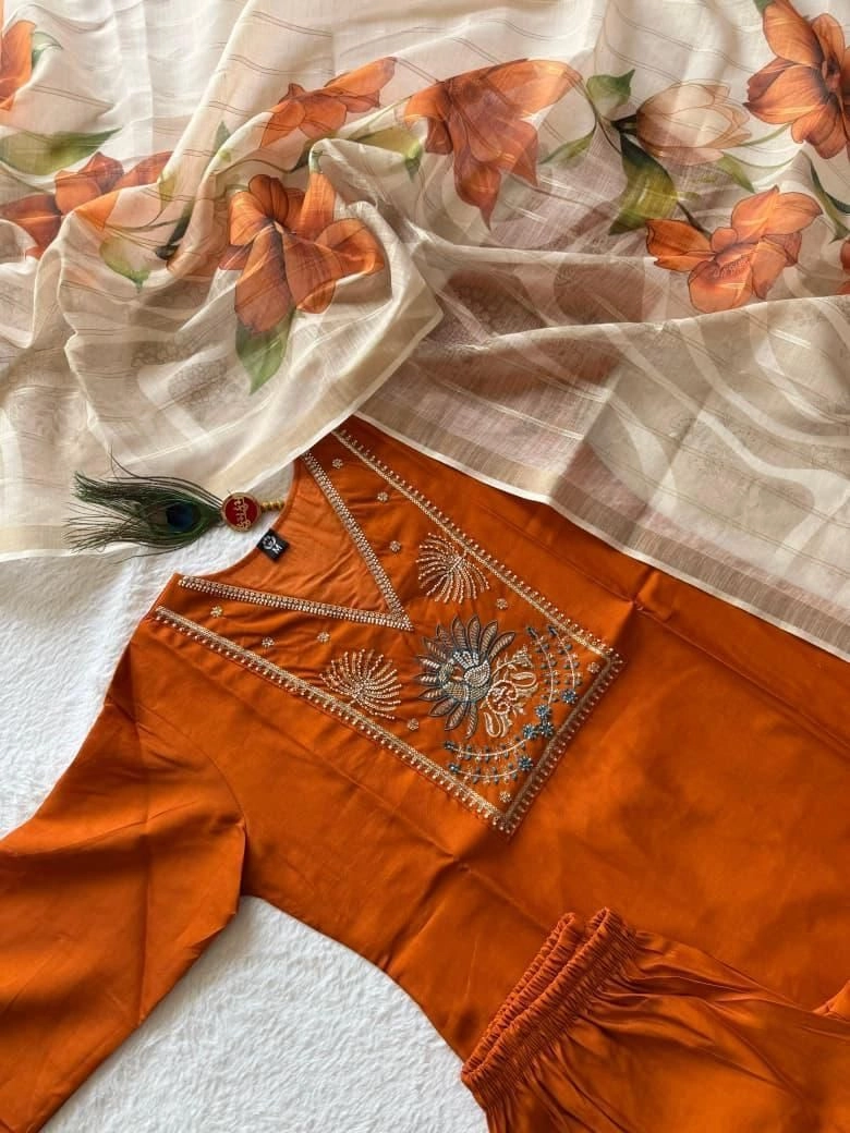 Tryloom Roman Silk Kurti Pant Set with Designer Chanderi Linen Jacquard Dupatta | Premium Beads & Moti Embroidery Ethnic Wear 3