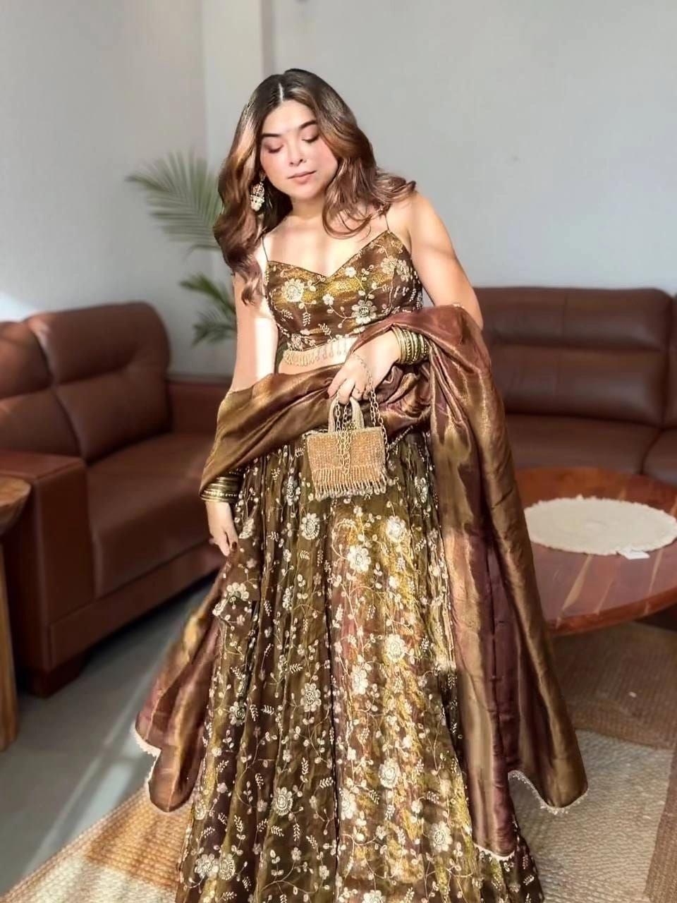 Tryloom Mocha Bloom Designer Fandy Silk Lehenga Set | 3mm Embroidered Sequin Party Wear Lehenga with Lace Border Dupatta 2