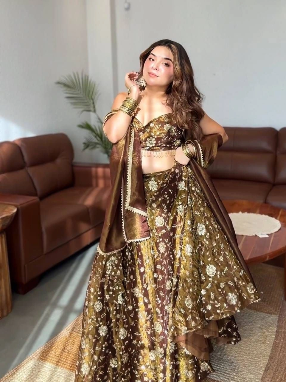 Tryloom Mocha Bloom Designer Fandy Silk Lehenga Set | 3mm Embroidered Sequin Party Wear Lehenga with Lace Border Dupatta 3