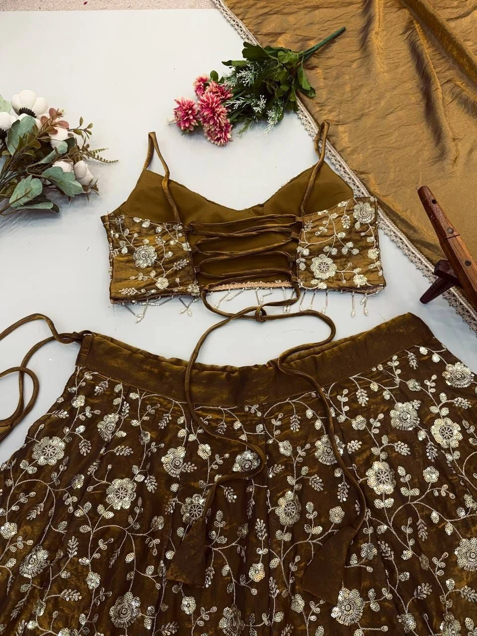 Tryloom Mocha Bloom Designer Fandy Silk Lehenga Set | 3mm Embroidered Sequin Party Wear Lehenga with Lace Border Dupatta 5