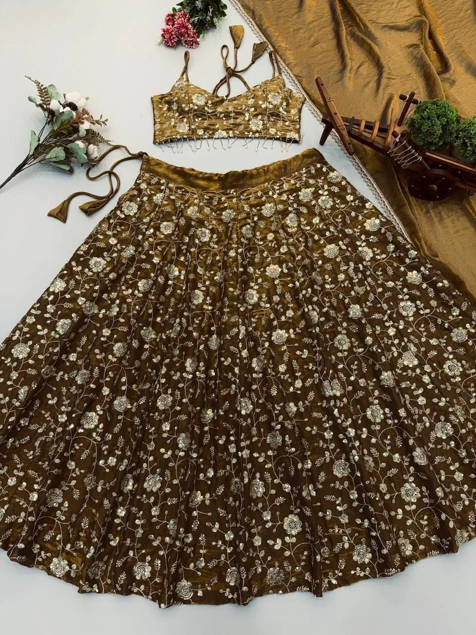 Tryloom Mocha Bloom Designer Fandy Silk Lehenga Set | 3mm Embroidered Sequin Party Wear Lehenga with Lace Border Dupatta 6