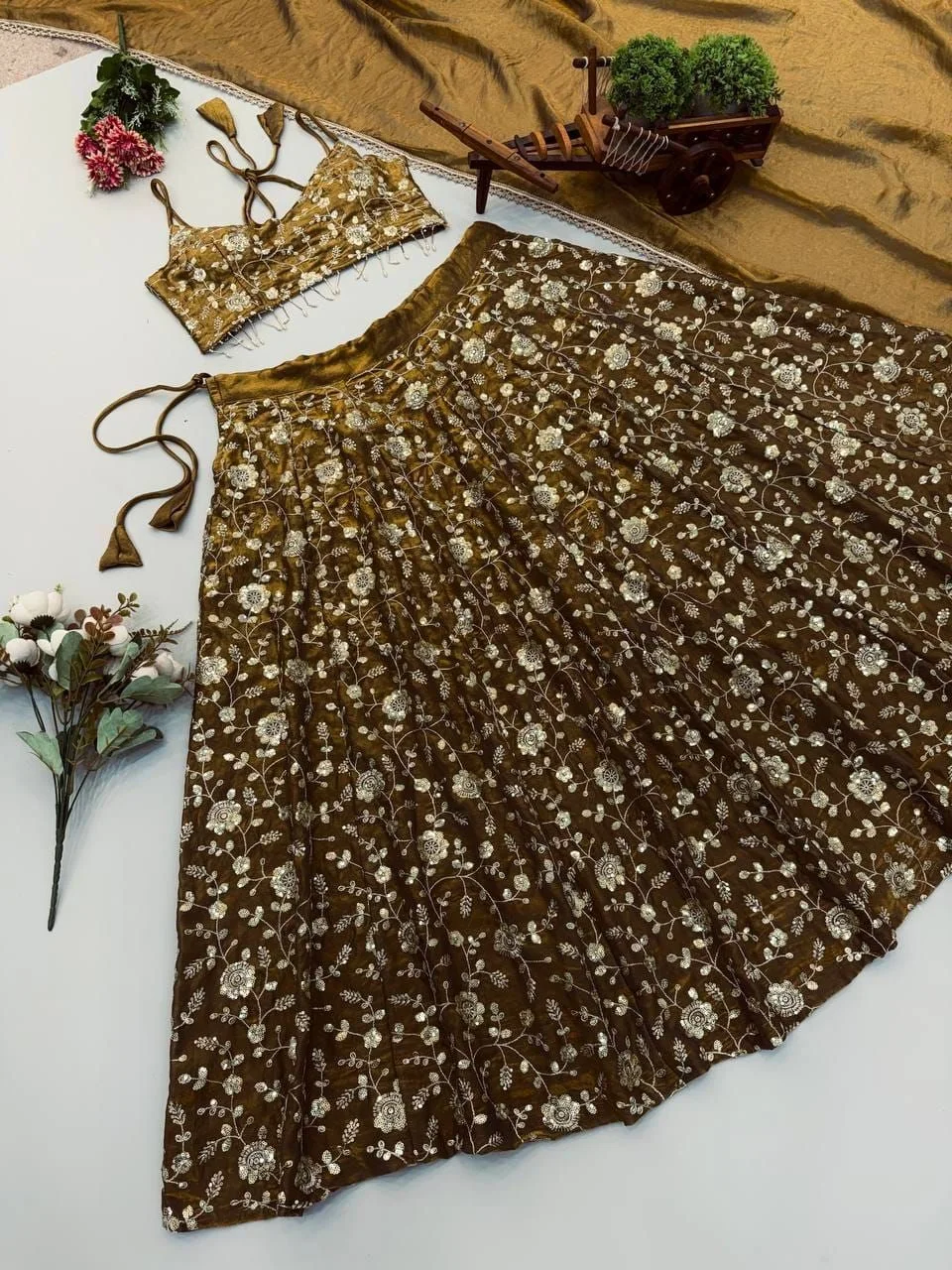 Tryloom Mocha Bloom Designer Fandy Silk Lehenga Set | 3mm Embroidered Sequin Party Wear Lehenga with Lace Border Dupatta 7