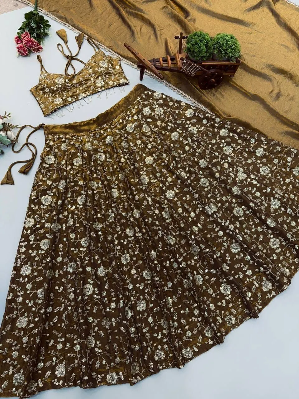 Tryloom Mocha Bloom Designer Fandy Silk Lehenga Set | 3mm Embroidered Sequin Party Wear Lehenga with Lace Border Dupatta 8