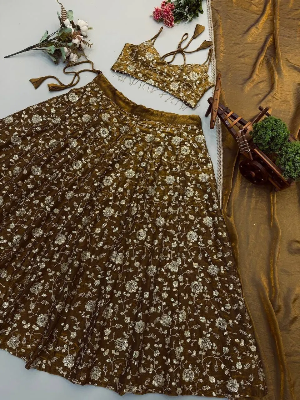 Tryloom Mocha Bloom Designer Fandy Silk Lehenga Set | 3mm Embroidered Sequin Party Wear Lehenga with Lace Border Dupatta 9