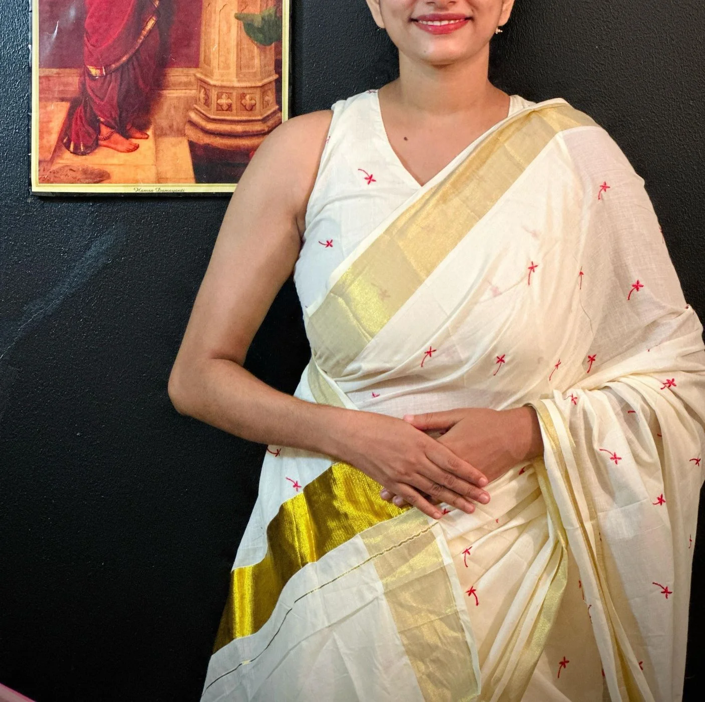 Tryloom Heritage Kasavu Cotton Saree | Premium Small Techipoo Embroidery Kerala Traditional Saree with Golden Kasavu Border 1