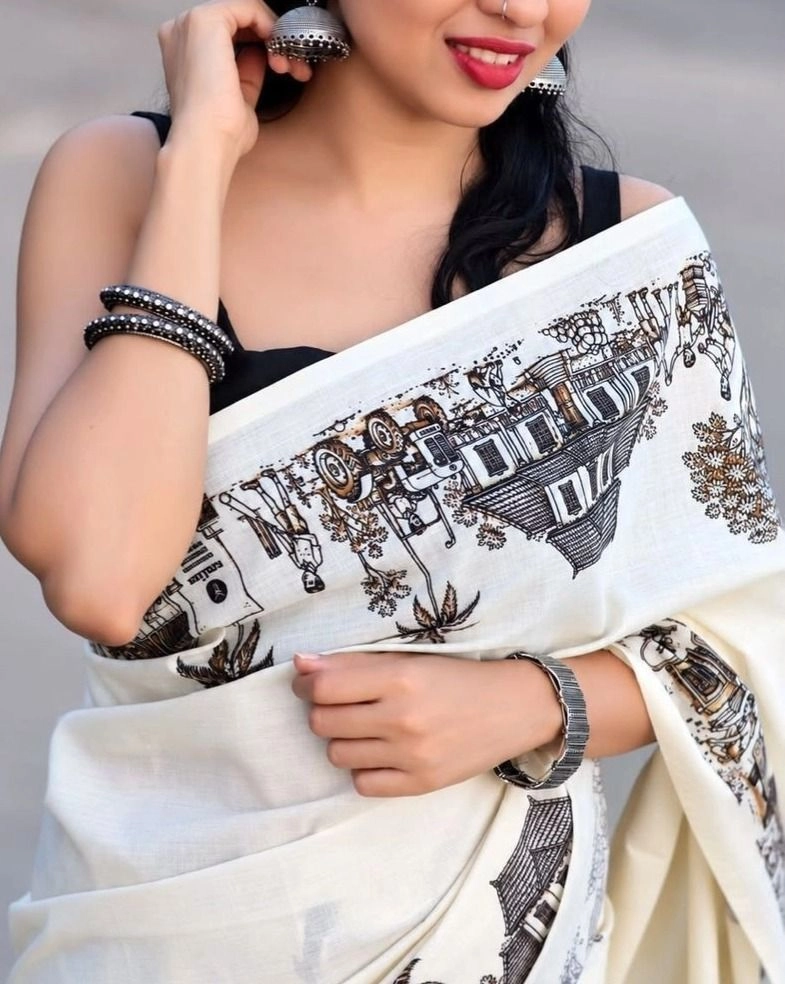 Tryloom Gramam Heritage Pure Cotton Digital Printed Saree | Kerala Village Art Print Premium Cotton Saree | Elegant Everyday Ethnic Wear 3