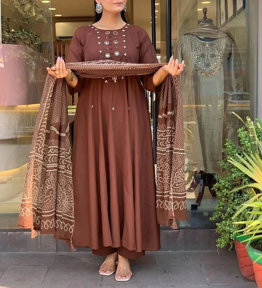 Tryloom Premium Embroidered Cotton Anarkali Kurti Pant & Dupatta Set | Designer Festive Ethnic Wear for Women 1