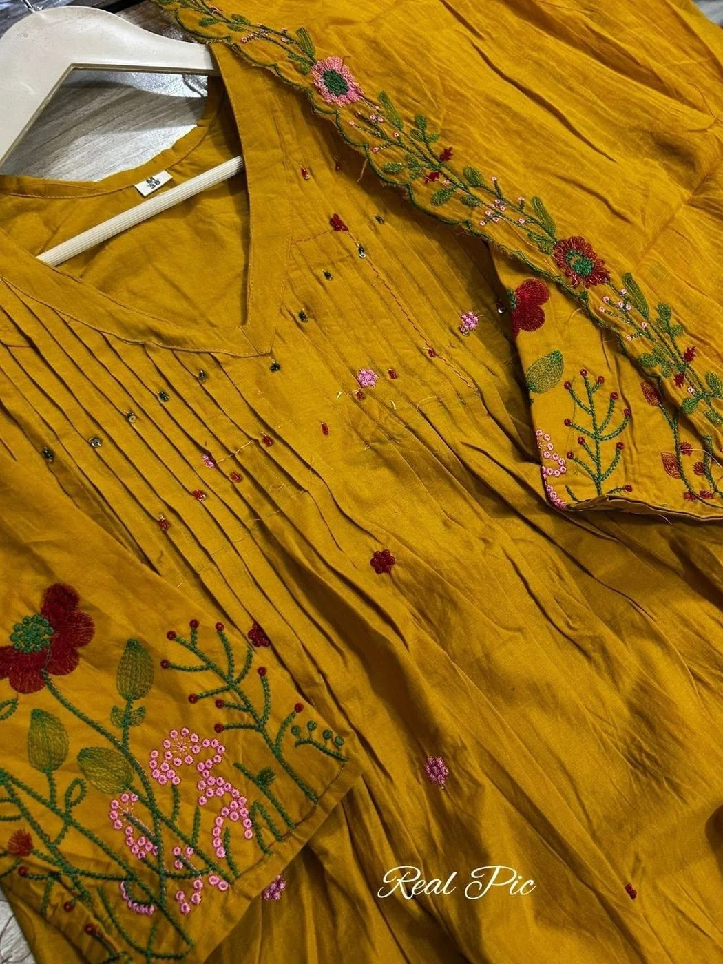 Tryloom Mustard Yellow Premium Pure Cotton Embroidered Anarkali Suit Set | Designer Adda Work Kurti with Pant & Dupatta 2