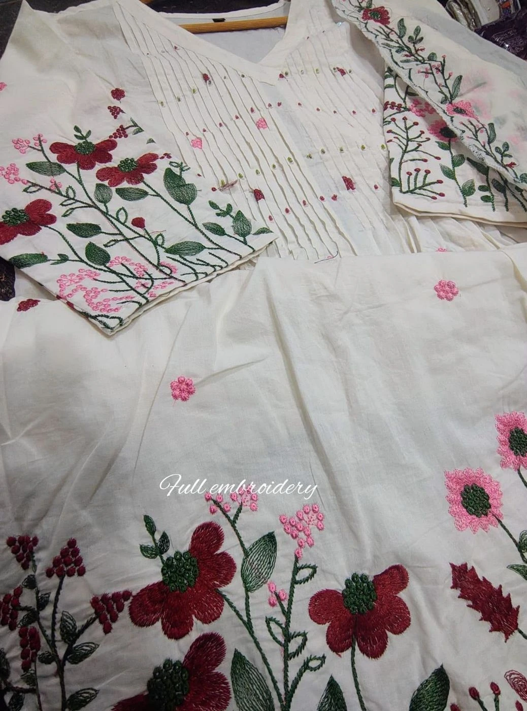 Tryloom White Premium Pure Cotton Embroidered Anarkali Suit Set | Designer Adda Work Kurti with Pant & Dupatta 2