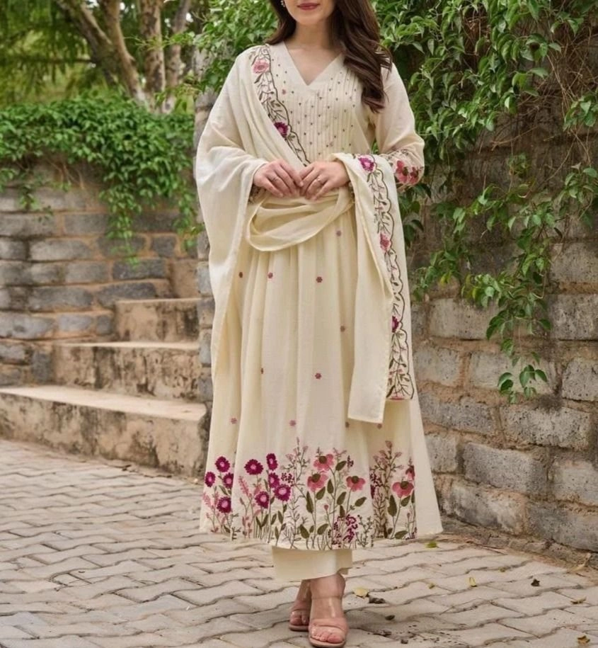 Tryloom White Premium Pure Cotton Embroidered Anarkali Suit Set | Designer Adda Work Kurti with Pant & Dupatta 1