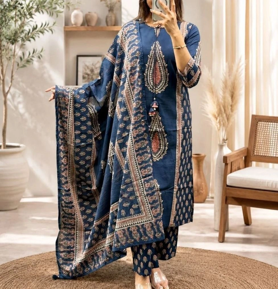 Tryloom Premium Handwork Cotton Kurti Pant with Dupatta Set 1