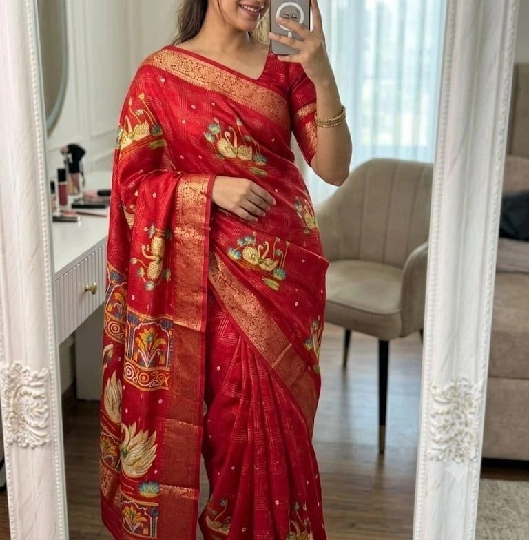 Tryloom Royal Crimson Swan Zari Saree | Premium Marshmallow Silk Feel Festive Saree 1