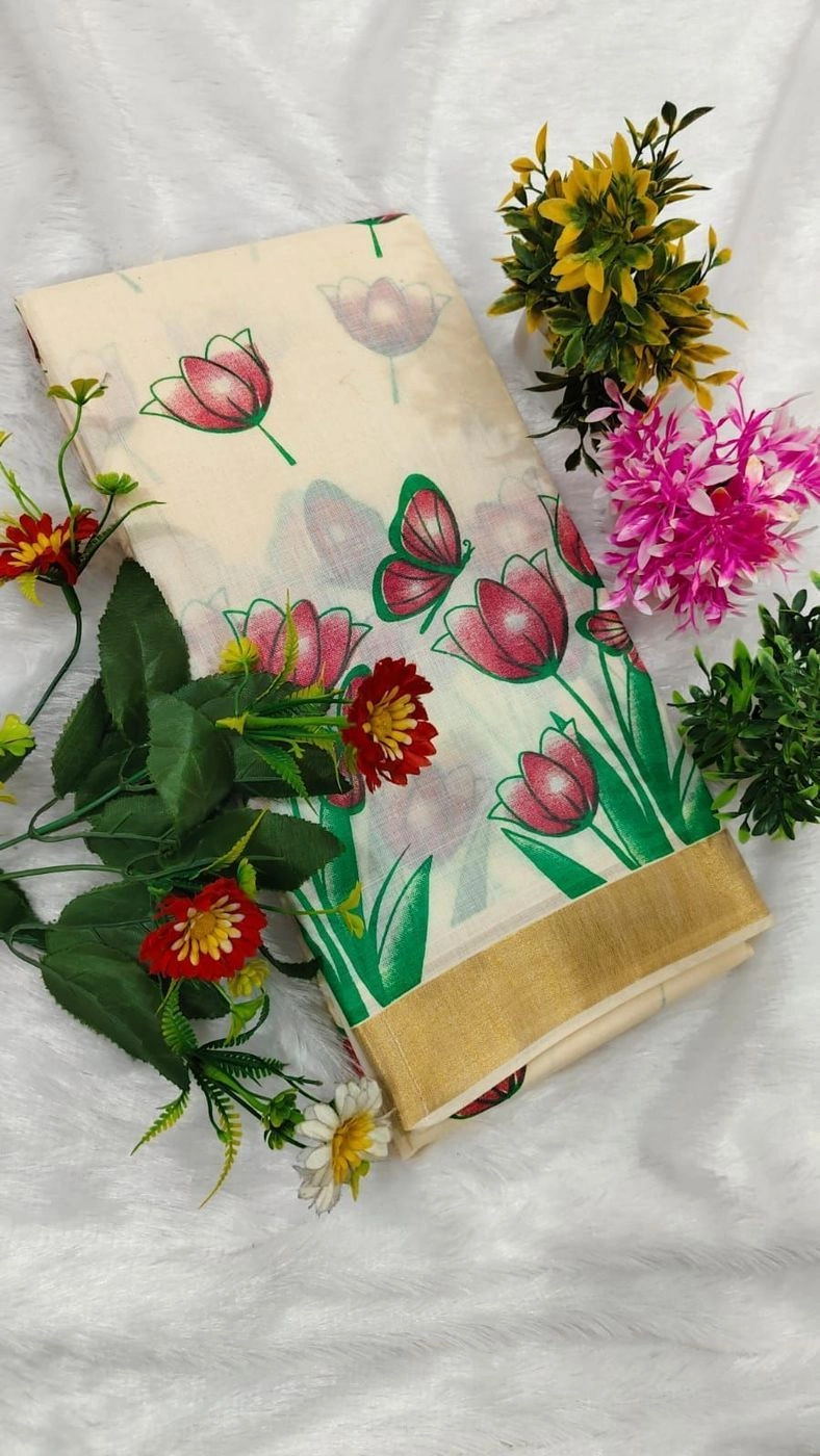 Tryloom Lotus Bloom Pure Kerala Cotton Saree | Premium Floral Printed Cotton Saree with Golden Kasavu Border 1