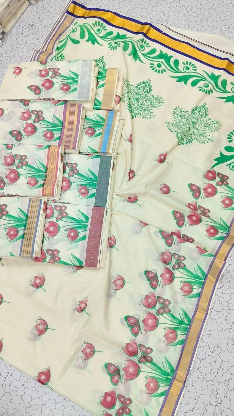 Tryloom Lotus Bloom Pure Kerala Cotton Saree | Premium Floral Printed Cotton Saree with Golden Kasavu Border 2