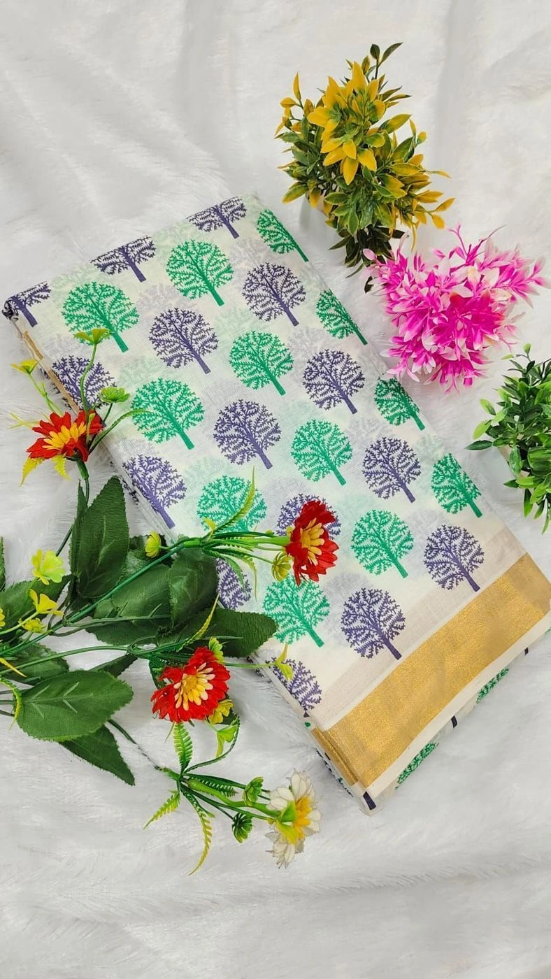 Tryloom Emerald Grove Pure Kerala Cotton Saree | Premium Tree Print Cotton Saree with Golden Kasavu Border 1