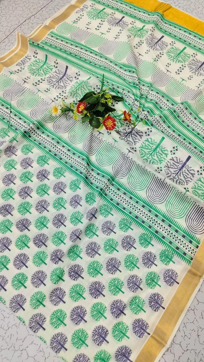 Tryloom Emerald Grove Pure Kerala Cotton Saree | Premium Tree Print Cotton Saree with Golden Kasavu Border 2