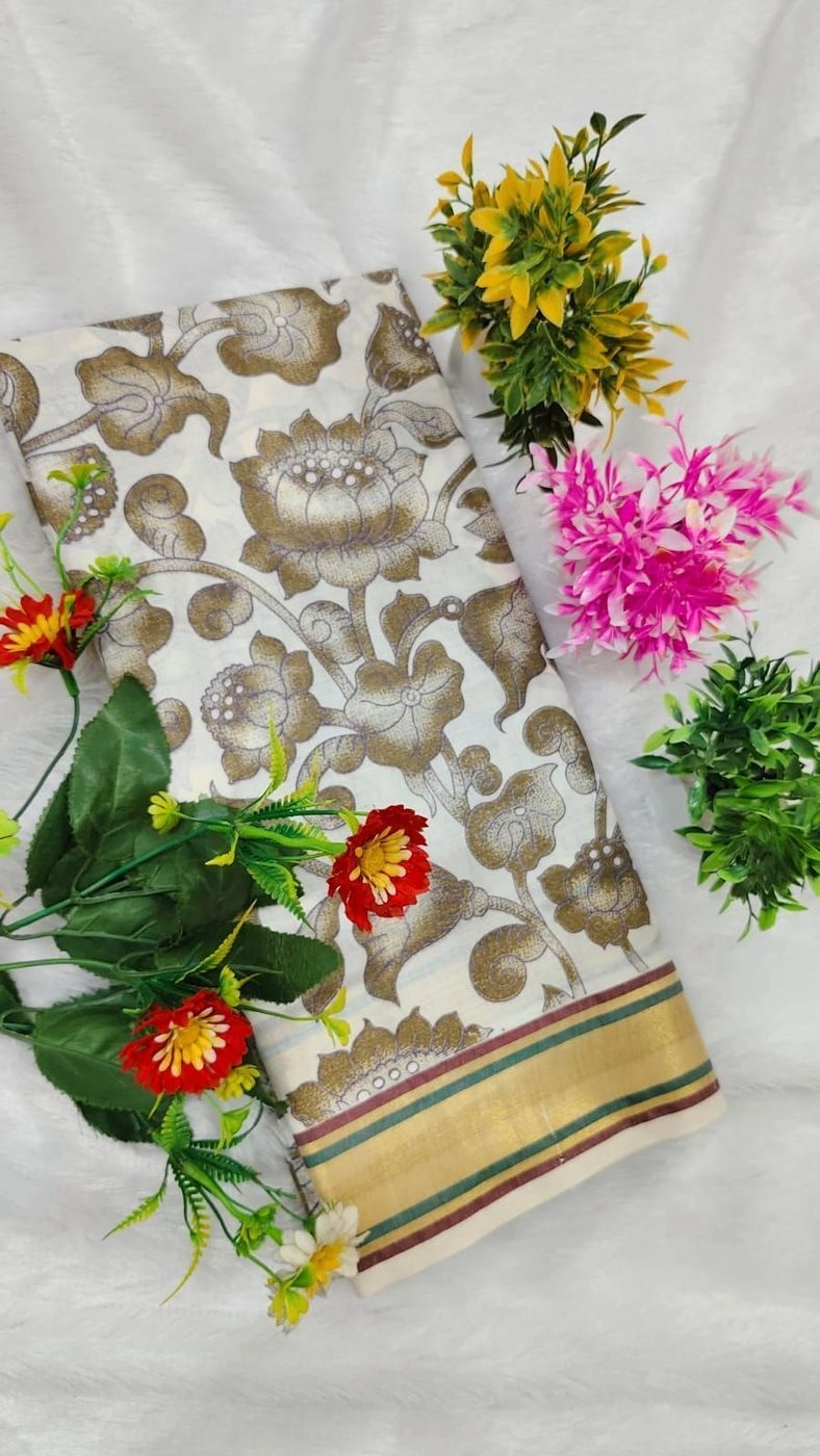 Tryloom Butterfly Bloom Pure Kerala Cotton Saree | Premium Butterfly & Floral Printed Soft Cotton Saree with Designer Pallu 1