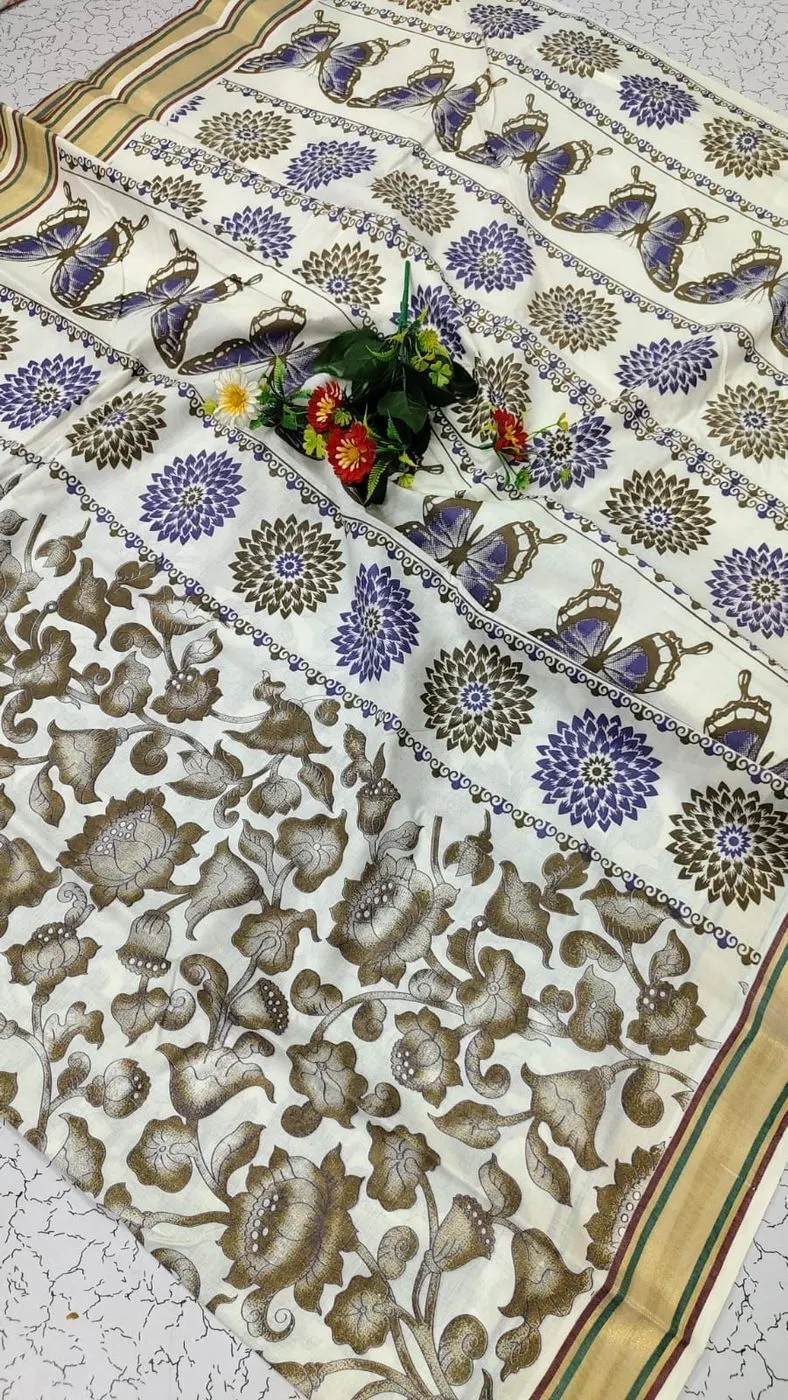 Tryloom Butterfly Bloom Pure Kerala Cotton Saree | Premium Butterfly & Floral Printed Soft Cotton Saree with Designer Pallu 2