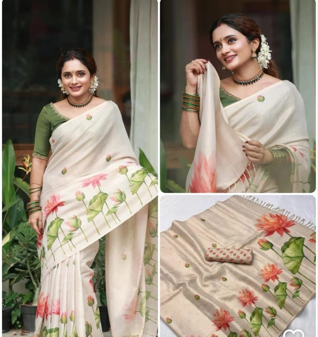 Tryloom Lotus Bloom Premium Soft Tissue Silk Saree | Designer Floral Digital Print Festive Saree with Rich Floral Pallu 1