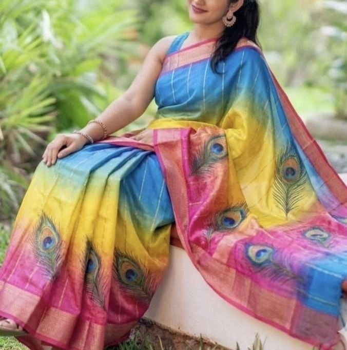Tryloom Peacock Prism Zari Linen Saree | Premium Multicolor Kanchi Border Festive Saree with Contrast Blouse 2