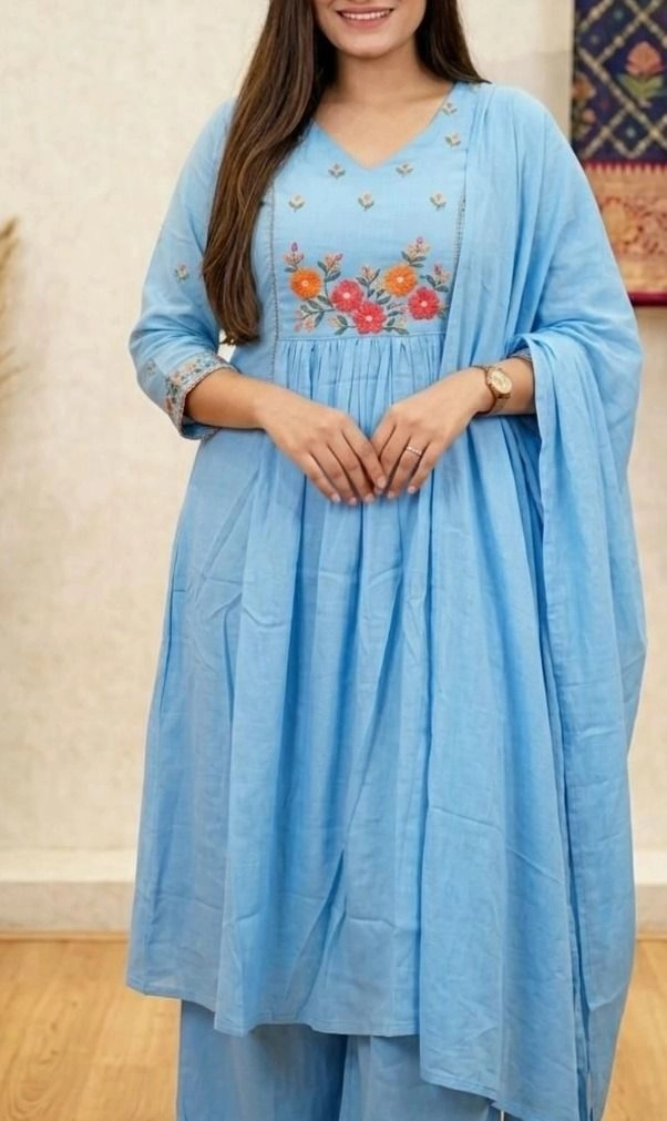 Tryloom Blossom Grace Premium Cotton Embroidered Kurti Pant & Dupatta Set | Elegant Ethnic Wear for Women 1