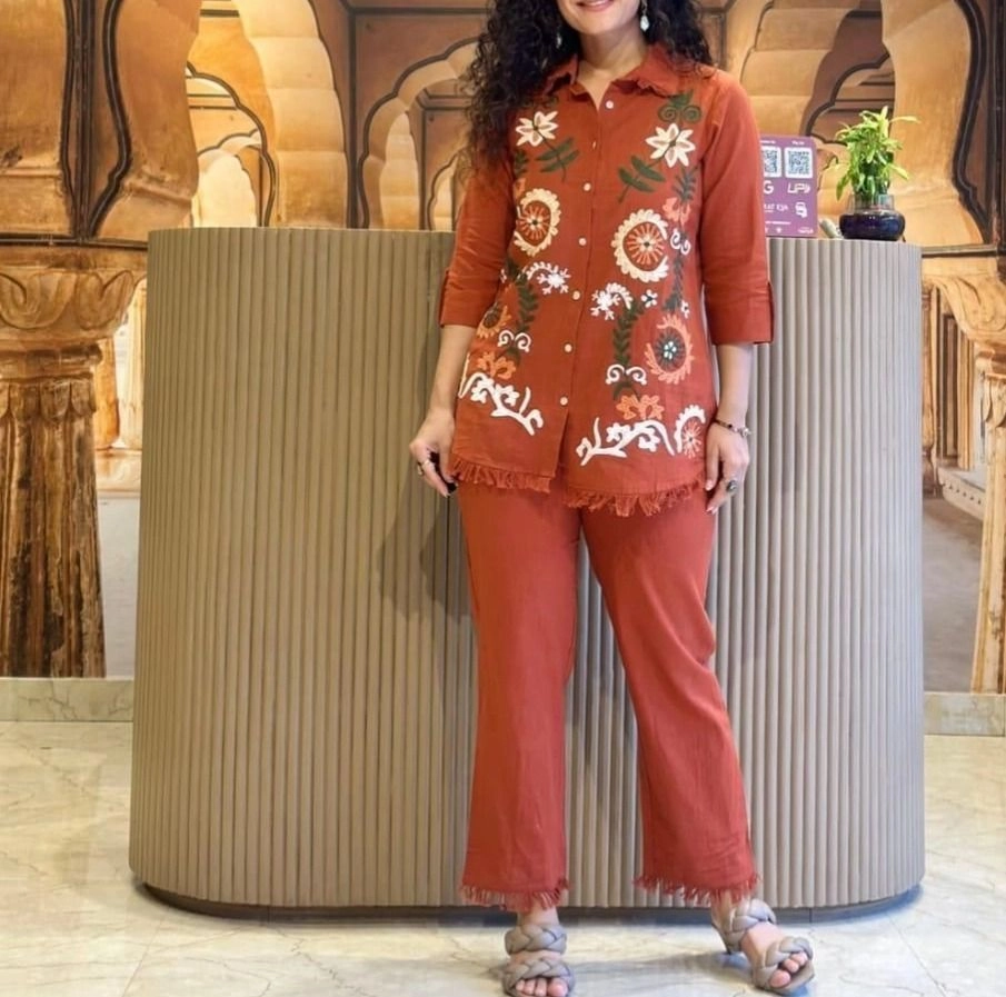 Tryloom Floral Bloom Cotton Flex Embroidered Co-ord Set | Premium Designer Shirt & Pant Set for Women 1