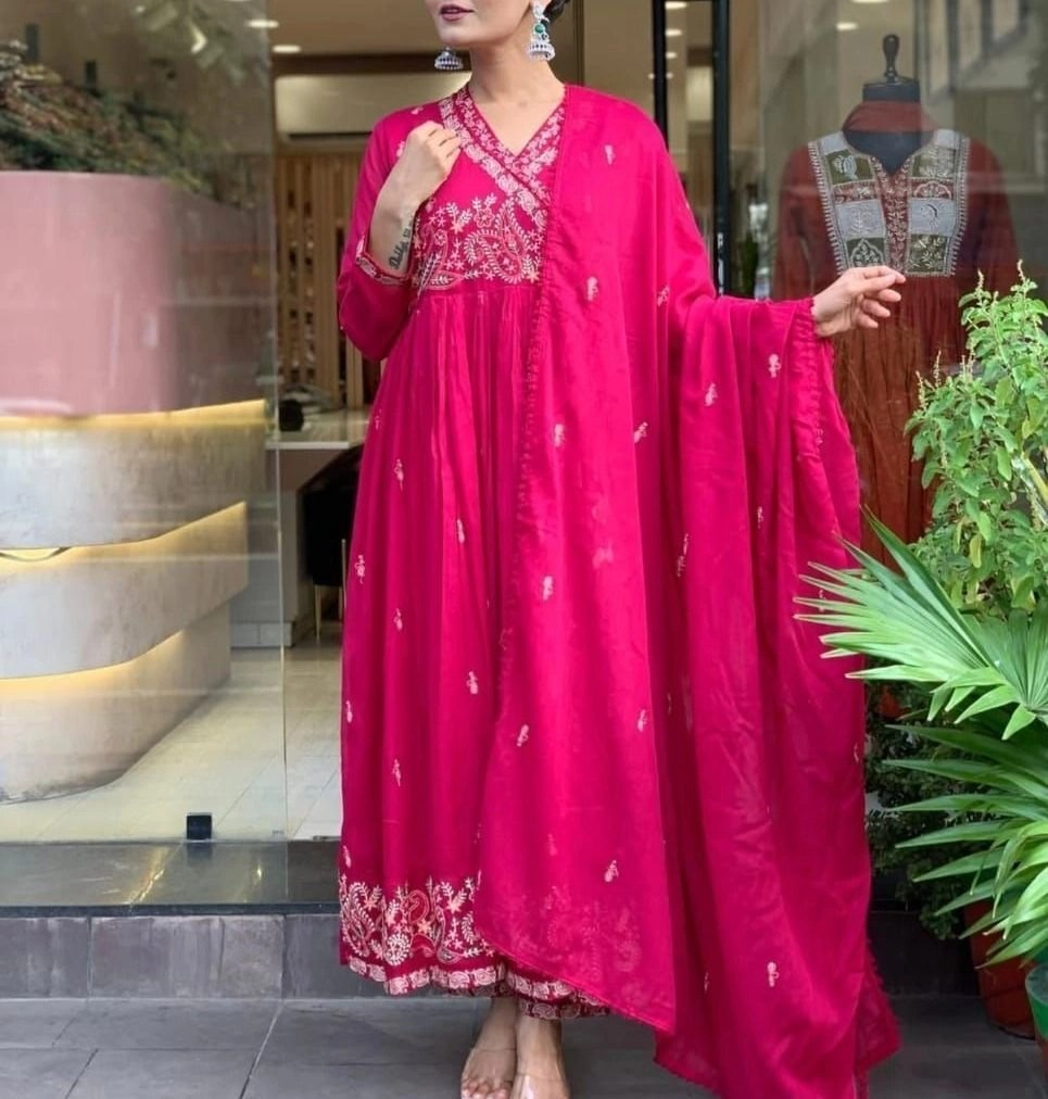 Tryloom Royal Angrakha Cotton Embroidered Anarkali Kurta Pant & Malmal Dupatta Set | Premium Festive Ethnic Wear for Women 1