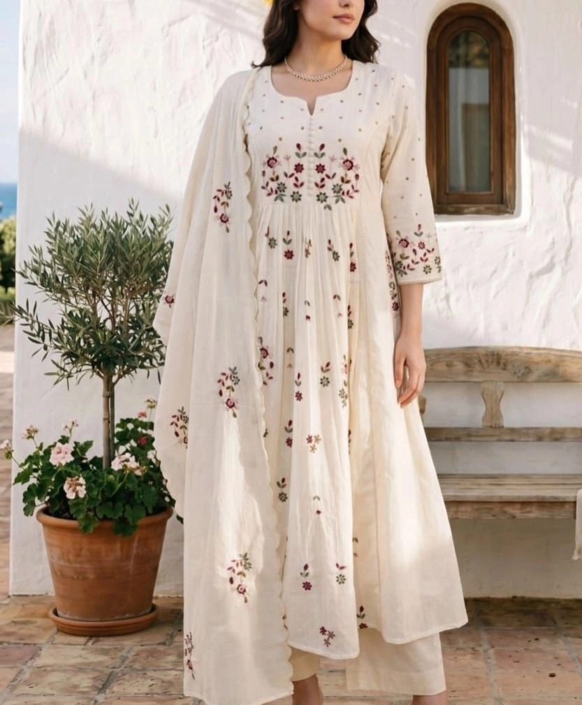 Tryloom Floral Grace Premium Cotton Embroidered Kurta Pant & Dupatta Set | Designer Ethnic Suit for Women 1